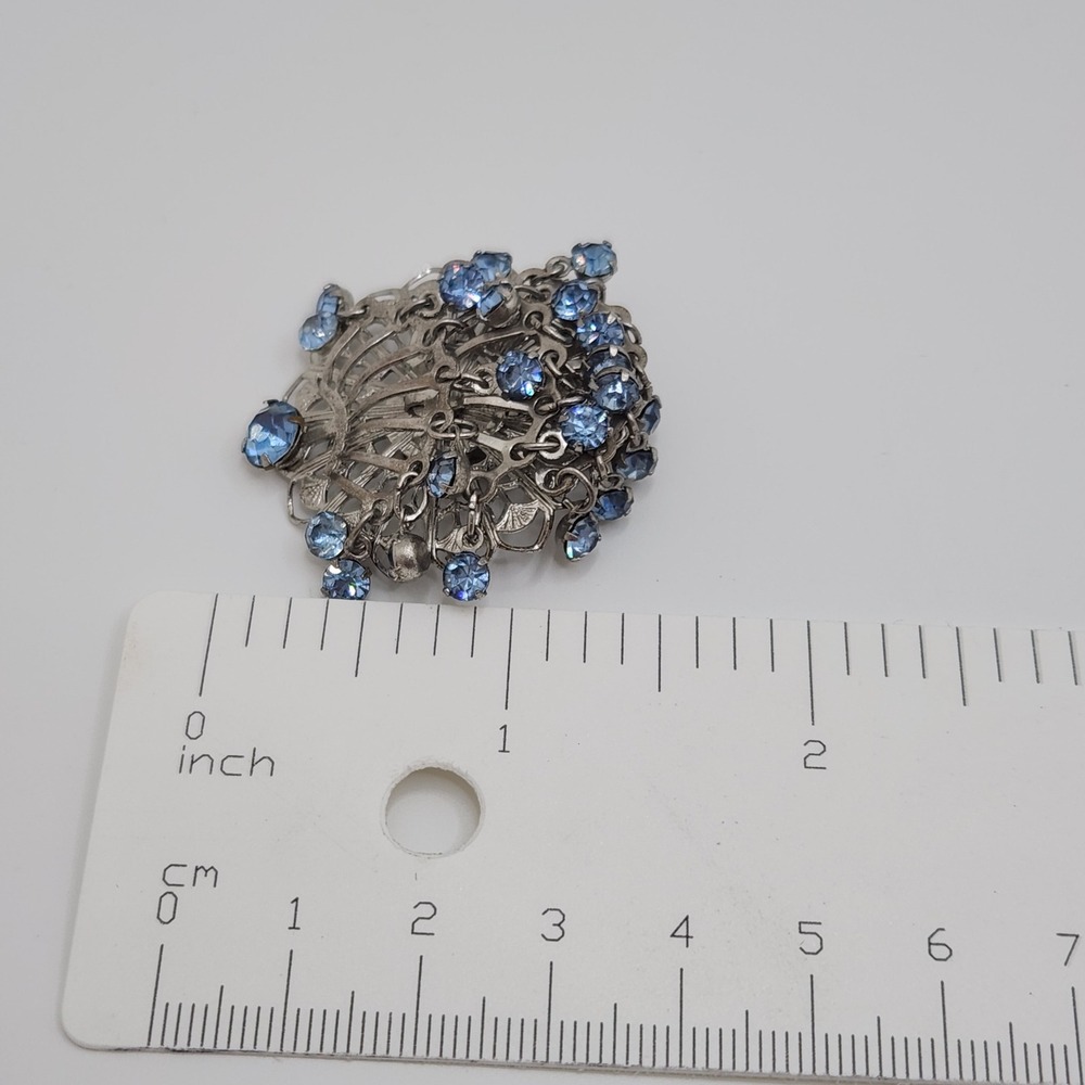 Vintage Sky Blue Rhinestone Silver Filigree Waterfall Clip On Earrings RetroGlam - Picture 8 of 10